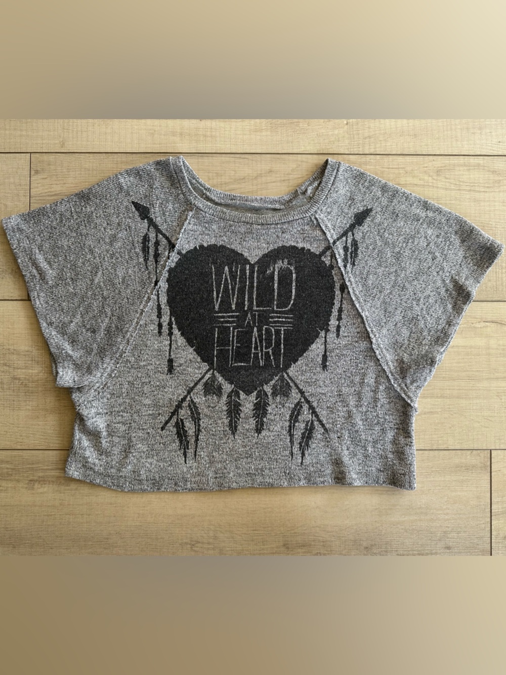 Stranded “Wild at Heart” Graphic Oversized Crop Grey Knit Boho Tee Shirt Size XS